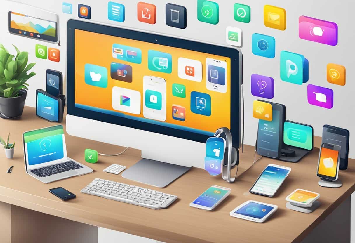 A colorful array of digital devices displaying various customer service apps, arranged neatly on a sleek, modern desk