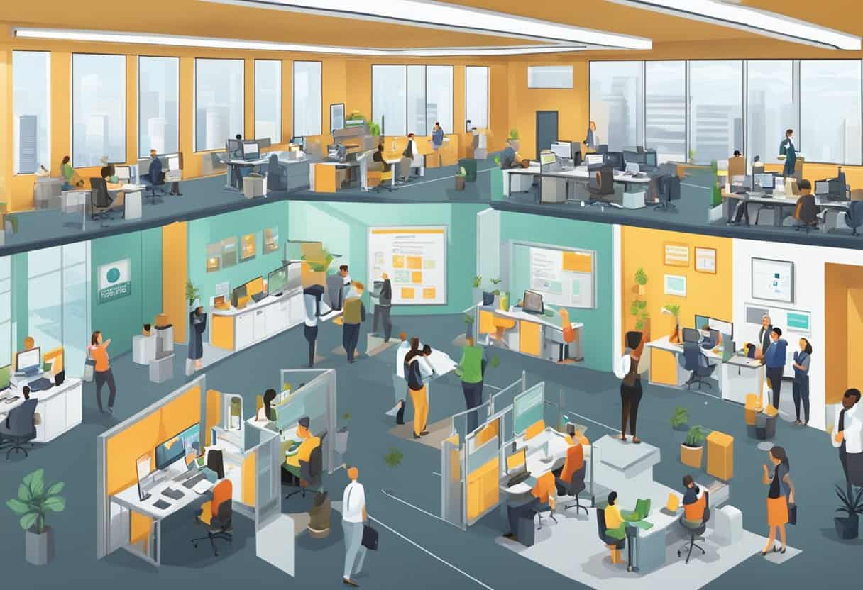 A bustling office with various businesses represented. A large sign displays "Affordability and Scalability for Businesses" while employees utilize customer service apps